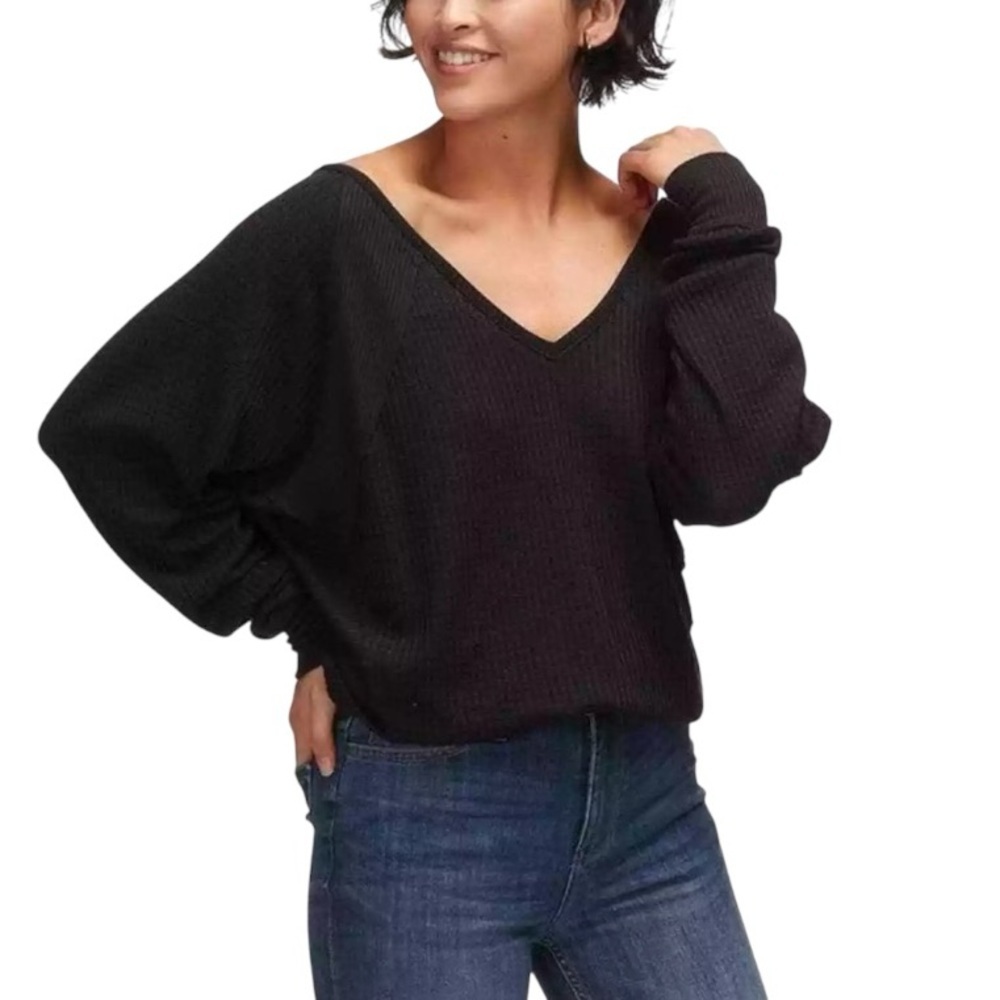 Free People‎ Women's Santa Clara V-Neck Pullover Thermal Top Black Medium NWT